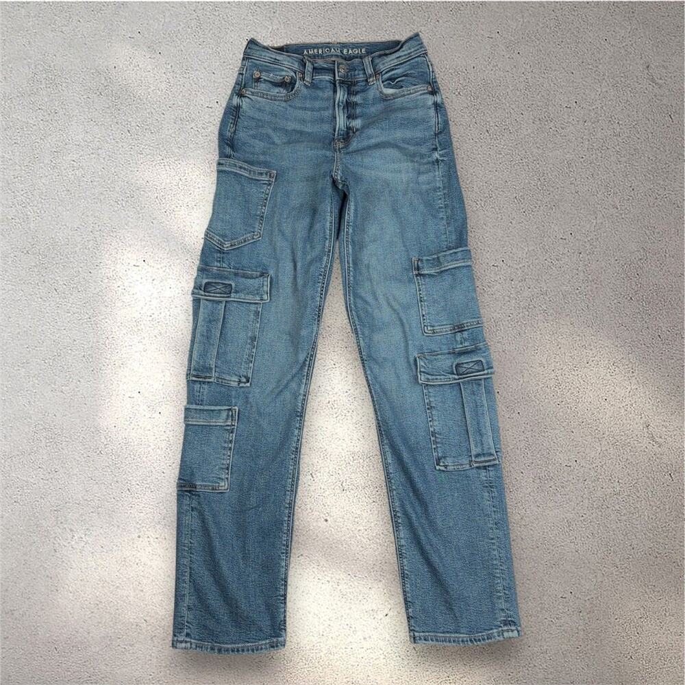 AE Super High-Rise Baggy Straight Cargo Jeans Women's 0 Blue Stretch Skater Y2K